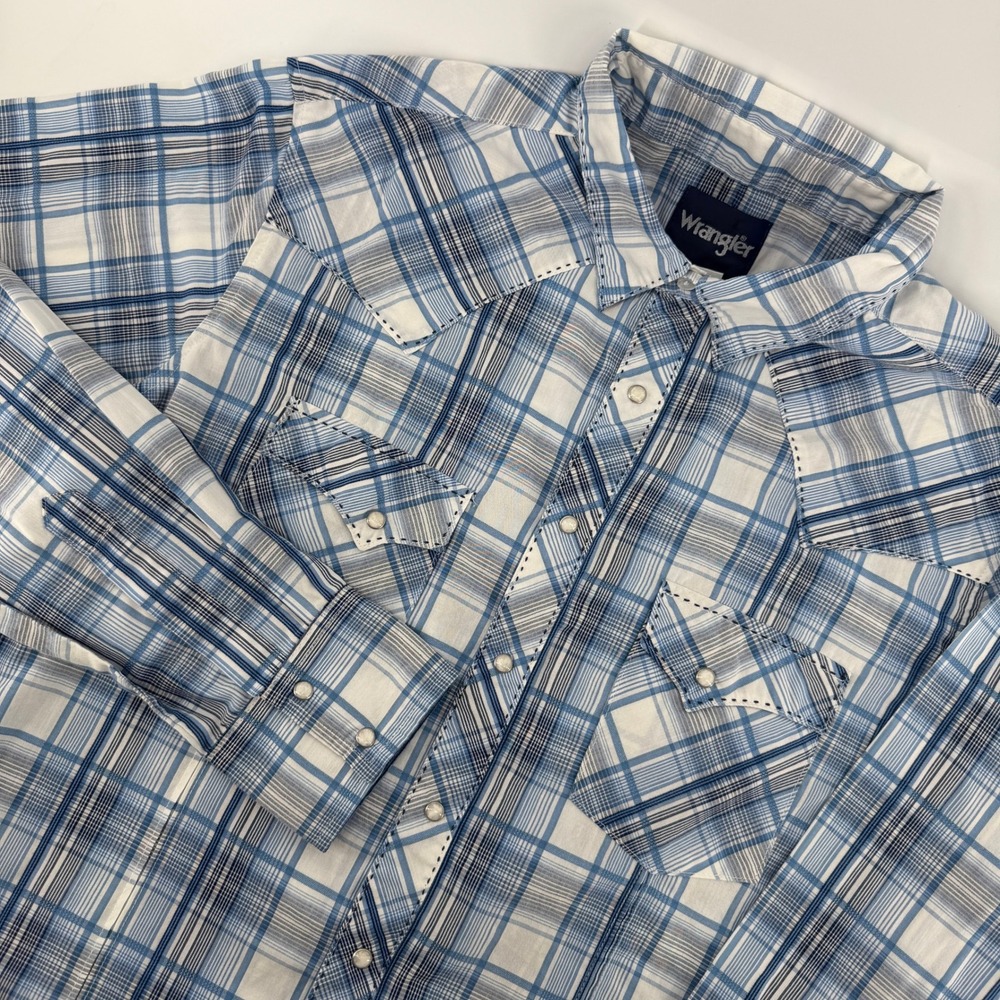 Wrangler Western Snap Shirt Mens LT Blue White Plaid Long Sleeve Pearl Snap